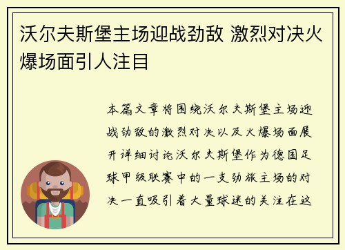 沃尔夫斯堡主场迎战劲敌 激烈对决火爆场面引人注目