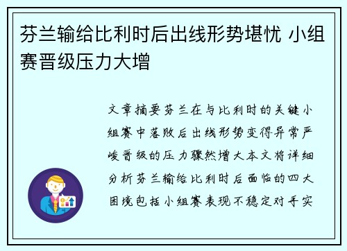 芬兰输给比利时后出线形势堪忧 小组赛晋级压力大增