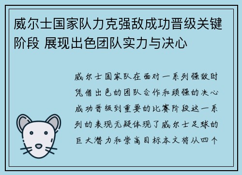 威尔士国家队力克强敌成功晋级关键阶段 展现出色团队实力与决心