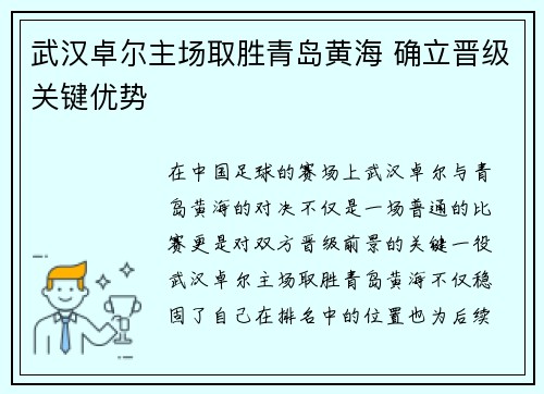 武汉卓尔主场取胜青岛黄海 确立晋级关键优势