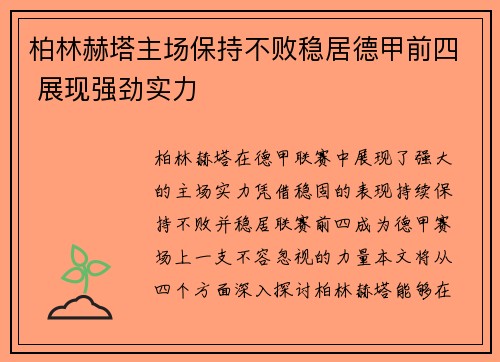 柏林赫塔主场保持不败稳居德甲前四 展现强劲实力