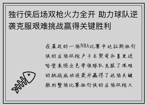 独行侠后场双枪火力全开 助力球队逆袭克服艰难挑战赢得关键胜利