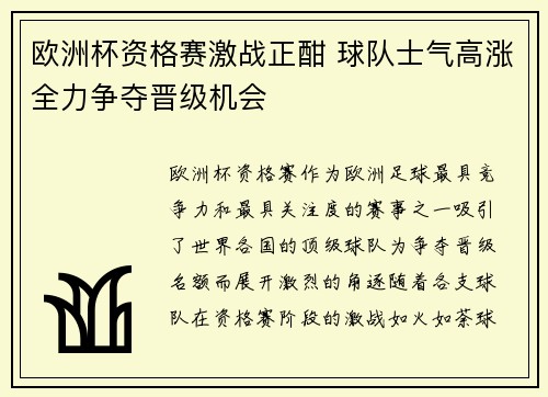 欧洲杯资格赛激战正酣 球队士气高涨全力争夺晋级机会