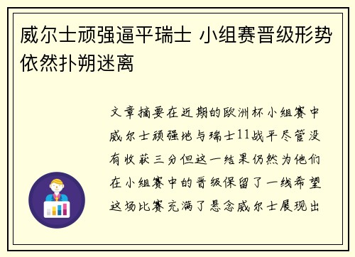 威尔士顽强逼平瑞士 小组赛晋级形势依然扑朔迷离